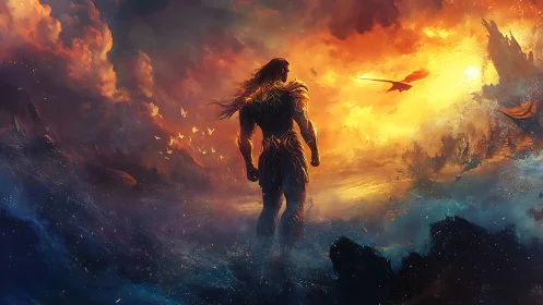 Lone warrior meets a blazing sky and distant dragon.