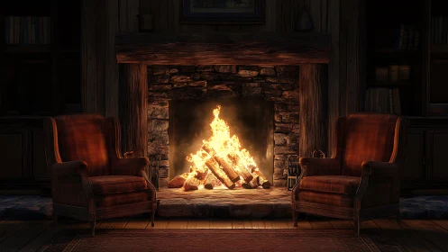 Symmetrical Interior with Fireplace and Wingback Seating.