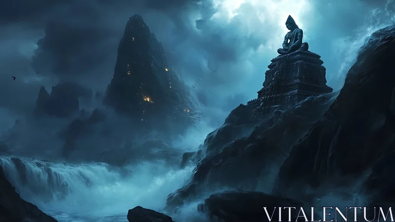 Solitary mountain statue above stormy sea at night.