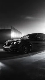 Low-key black sedan under directional lighting in industrial lot