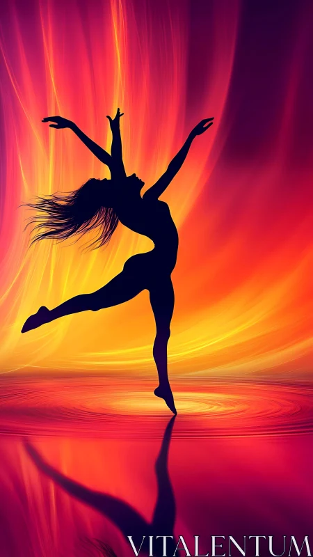 Silhouetted dancer over chromatic vortex with fluid lightfields.