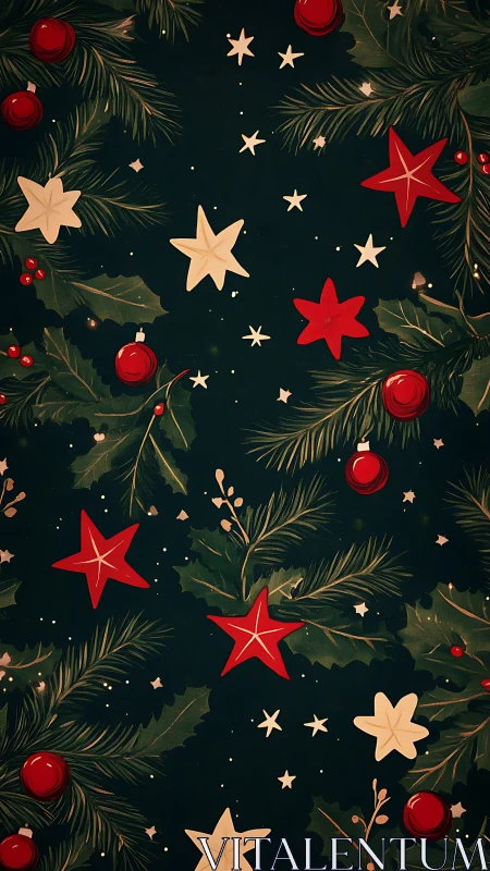 Christmas foliage pattern shows stars, berries and pine branches