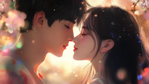 Romantic anime couple in glowing spring blossom light.