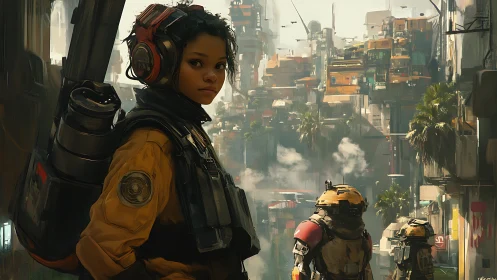 Young scout in a sunlit sci fi city of rust and promise.
