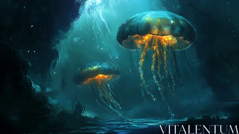 Luminous jellyfish drift through bioluminescent abyssal seascape.