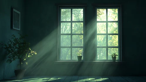 Volumetric sunlight through dual windows onto indoor plants