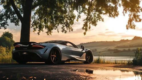 Sports car rendered near lakeside road at sunset light.