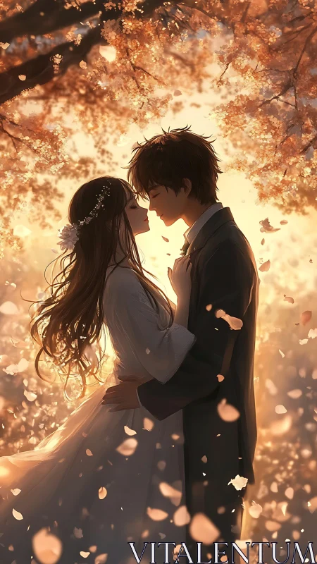 Romantic couple under luminous cherry blossoms at sunset.