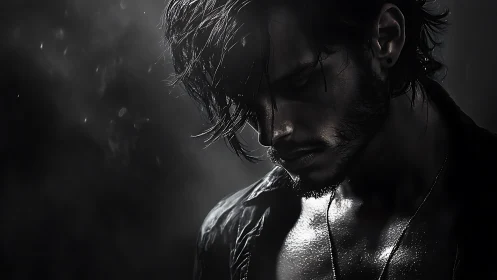 Low key cinematic portrait of wet contemplative male figure