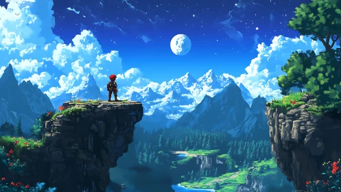 Explorer on cliff edge under moonlit mountain sky.