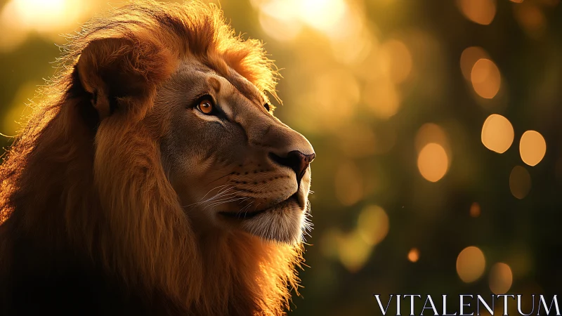 Male lion rendered in profile under defocused backlighting