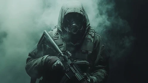 Heavily armed figure in gas mask amid dense green smoke.