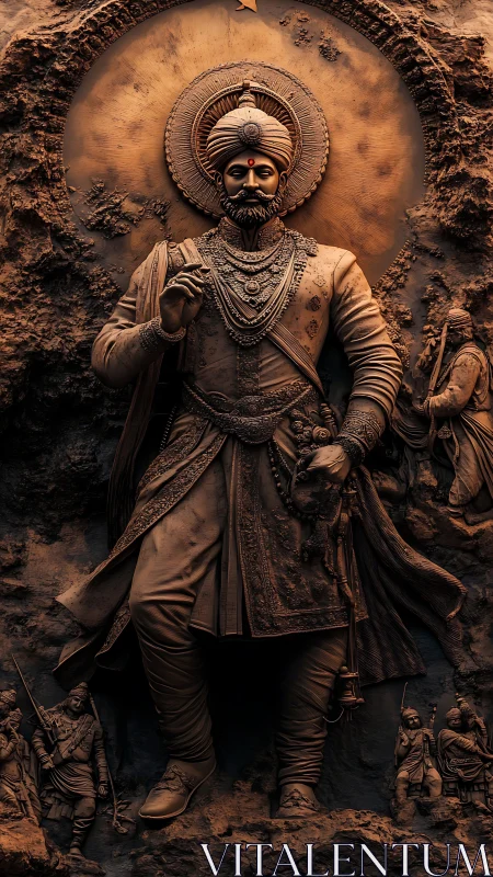 Regal warrior relief sculpture carved in textured stone wall.