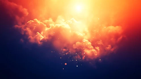 Luminous sunset clouds with glowing ember particles.
