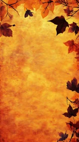 Vertical autumn foliage border on textured golden grunge background