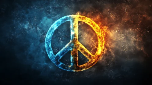Peace symbol rendered in opposing fire and ice effects.