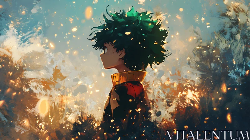 Silhouetted anime hero amid luminous embers and painterly sky