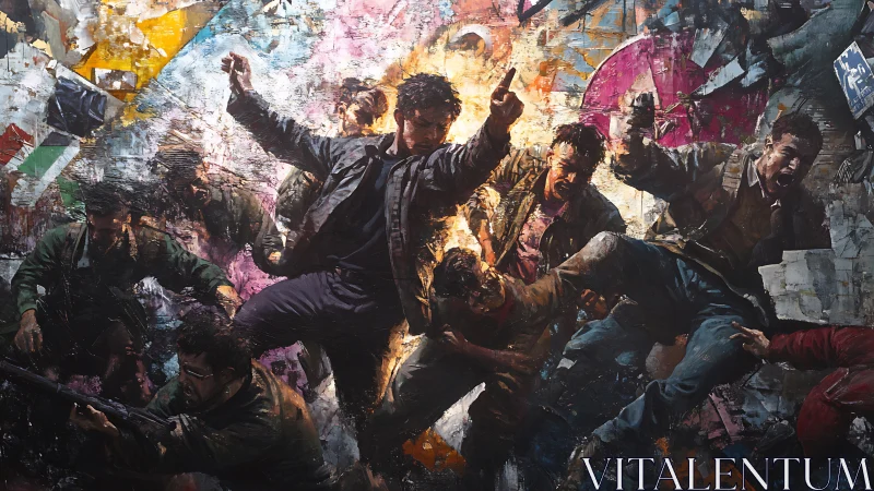 Urban riot fighters clash amid explosive abstract light.