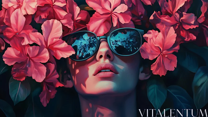Bold sunglasses meet lush pink blossoms in a dreamy portrait