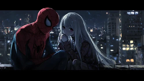 Spider-themed hero and anime girl share nocturnal rooftop vigil