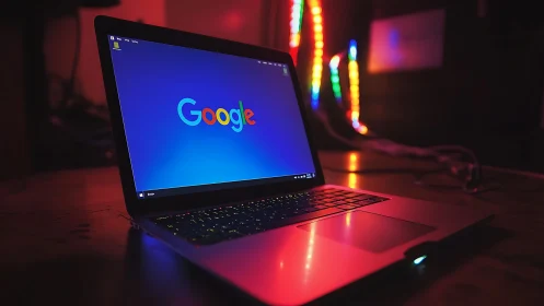 RGB-lit laptop workstation displaying Google homepage interface.