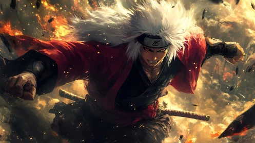 Fiery white-haired warrior surges forward through blazing chaos