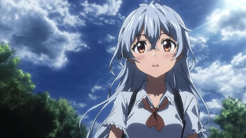 Silver haired schoolgirl under dramatic summer sky.