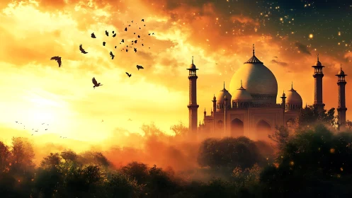 Majestic domed palace at fiery sunrise in misty forestscape.