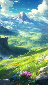 Sunlit mountain valley and wildflower meadow of daydreams.