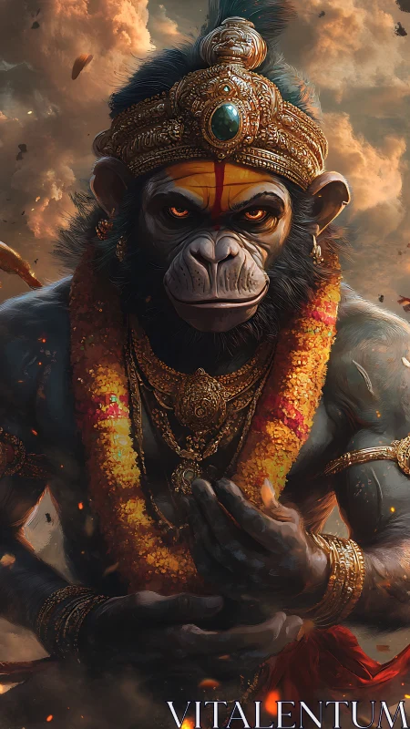 Majestic monkey warrior radiates power in glowing garlands