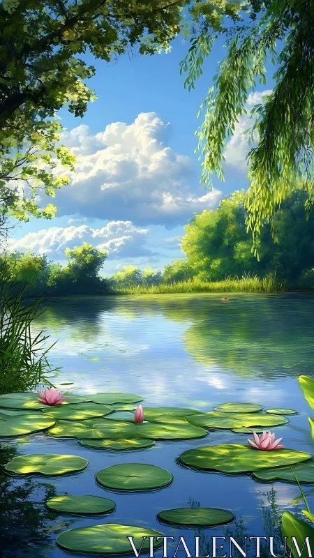 Tranquil lily pond under bright summer sky reflection.