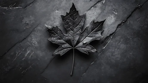 Monochrome maple leaf on textured slate stone surface.