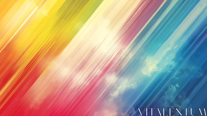Vibrant diagonal abstract lines with rainbow colors and soft clouds.