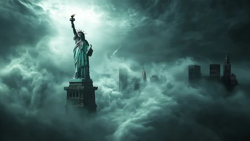 Statue of Liberty amid volumetric fog over submerged skyline.