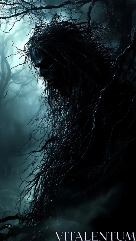 Silhouetted root-wraith entity in dense cyan fog forest