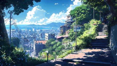 Sunlit hillside path gently overlooks a calm coastal city
