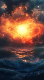 Storm-tossed ocean kneels under a blazing celestial furnace