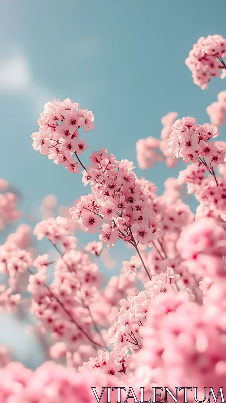 Pink flowering branches photographed against clear blue sky with natural sunlight.
