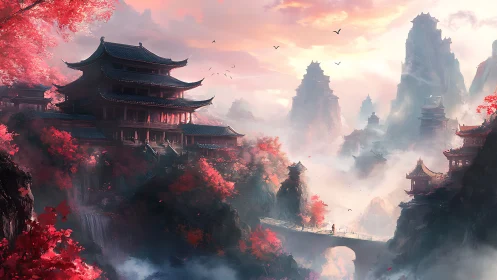 Crimson mountain temples welcome quiet wanderers at dawn