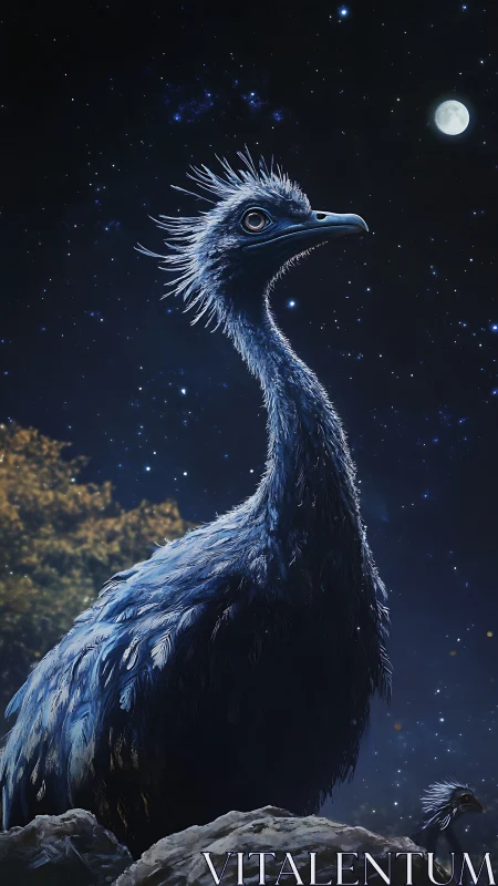 Nocturnal emu study under starfield sky with lunar backlight