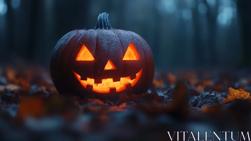 Rain‑dappled jack o’ lantern glows in misty forest dusk.