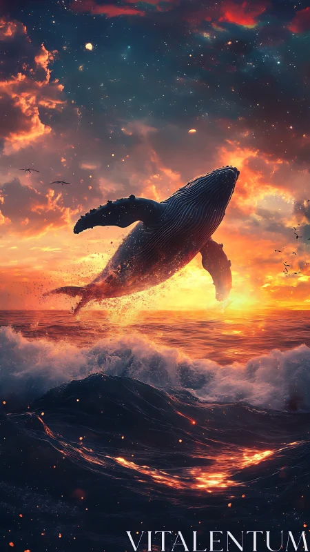Sky-bound whale bursts through ember-lit cosmic surf.