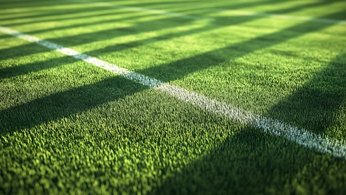 White field marking intersects synthetic grass under linear shadows