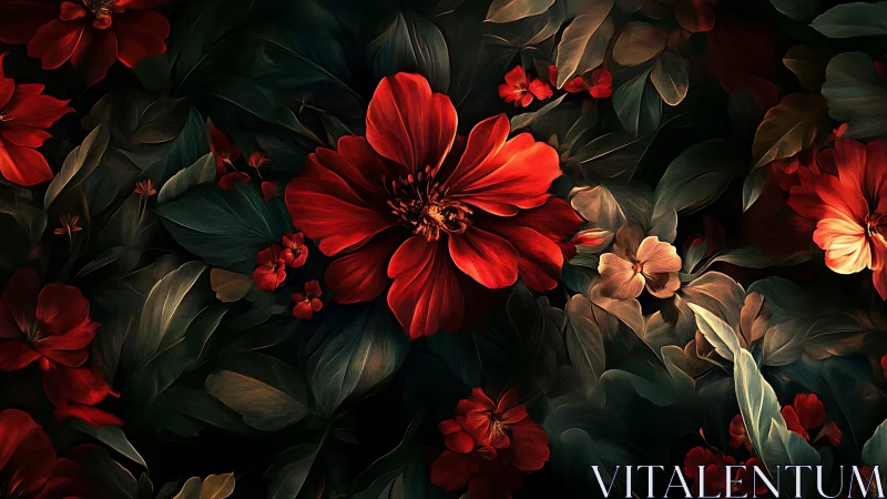 Red flowers with dark foliage botanical digital artwork.