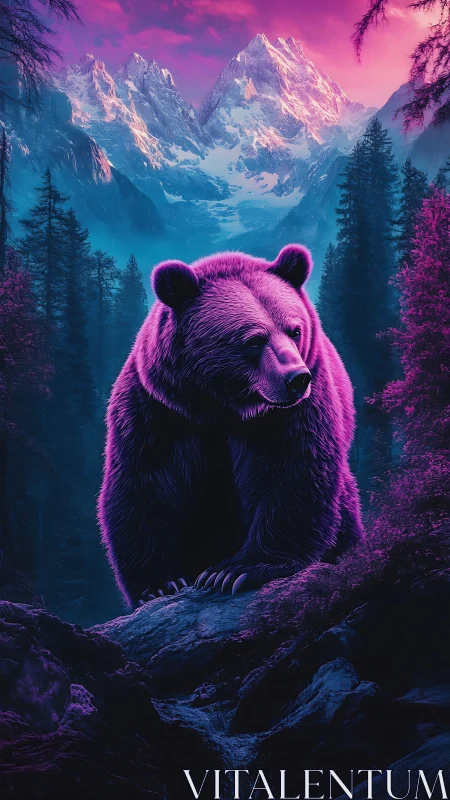 Neon grizzly dominates twilight forest beneath peaks.