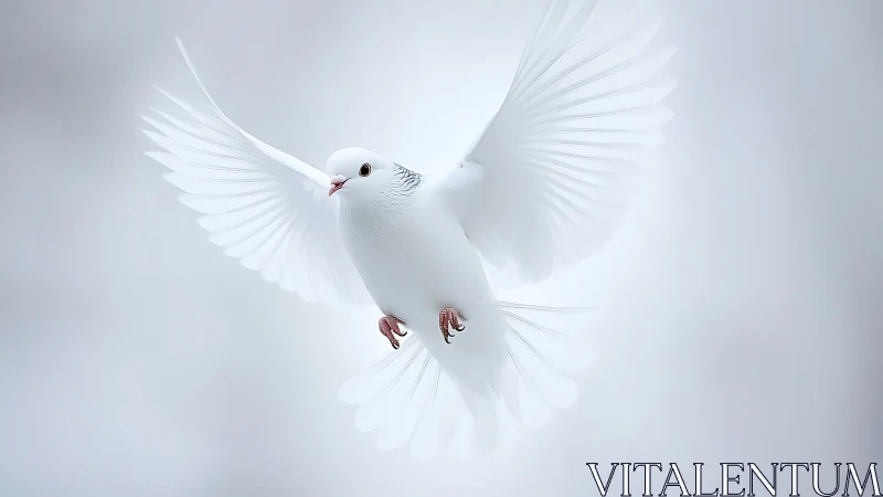 White dove in mid-flight on soft background, minimalistic style.