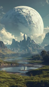 Colossal ice planet rises above serene alien river valley