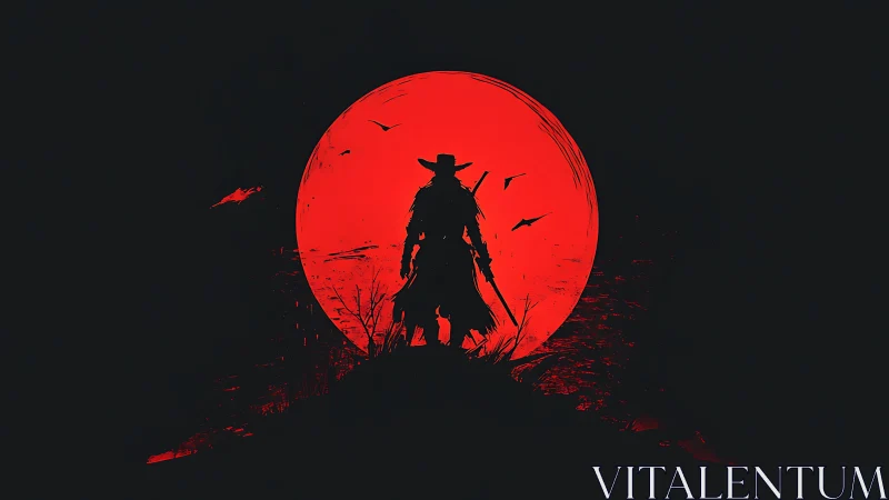 Lone wanderer outlined against a fierce crimson moon.