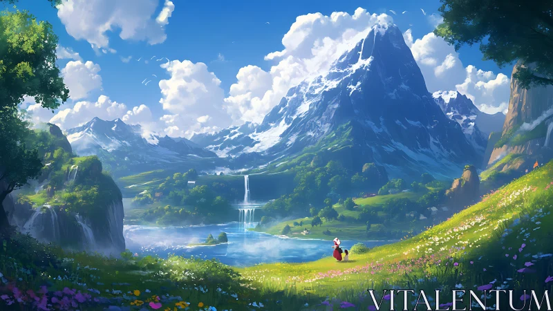 Expansive alpine valley landscape includes figures and waterfalls