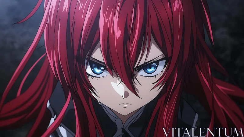 Intense red-haired anime heroine in dramatic frontal close-up.